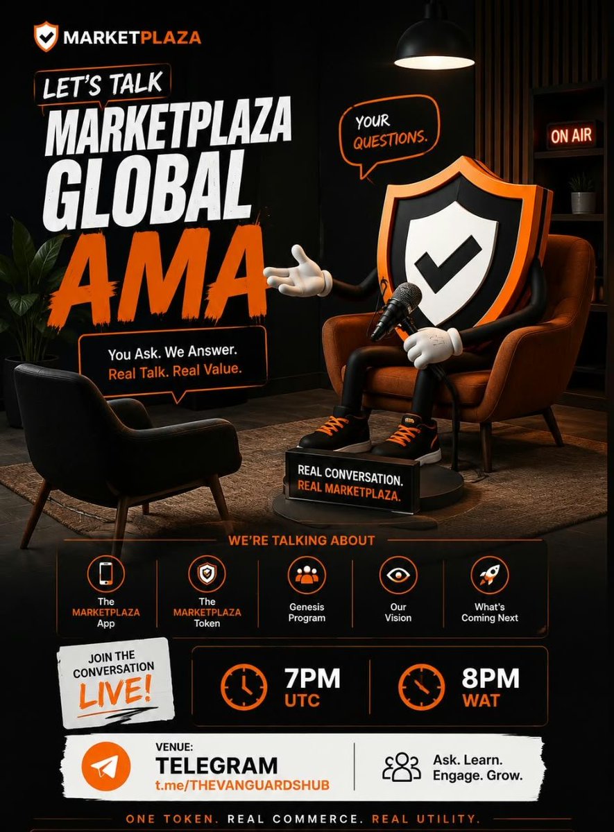 TheVANGUARDS2's tweet photo. SOMETHING BIG IS TAKING SHAPE AT MARKETPLAZA. 🔥

On September 5, we’re opening the floor.

The team will be live to talk about the App, the Token, Genesis, and the road to November.

Come with questions. Leave with clarity.

📅 5TH SEPTEMBER 2026
⏰ 7PM UTC | 8PM WAT
📍 THE VANGUARDS TELEGRAM CHANNEL

Telegram: https://t.co/y17vn62z71

WhatsApp: https://t.co/AB0wdgIUAS

#MARKETPLAZA #AMA #THEVANGUARDS
