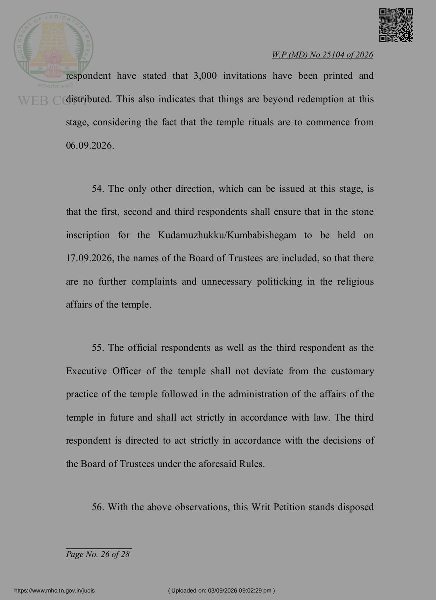 ptrmadurai's tweet photo. Just read the recently issued judgment on the Meenakshi Amman Temple Kumbabishegam Case.

So far I have tried to stay detached from the matter for multiple reasons. One of them being that I have found the malodor of the main culprit very distasteful for all the years I have been in public life and hence have tried to stay as far away as possible irrespective of our respective political parties (only one in my case; five, if I am not mistaken, in his case) or positions.

But I must comment now for the sake of truth. The HR&CE Minister and Staff, who have been censured by the High Court in the oral comments from the bench over the course of the hearings (as reported by multiple media houses), and to a lesser extent in the written judgement, are not the real culprits here. They are at worst guilty of being unwarrantedly subservient to a rank opportunist and profoundly unworthy individual.

It is also worth noting that the three women Trustees stood up for their rights under the Act and all judgments. While the two male trustees gave up their rights in the court immediately🤦🏻‍♂️🤦🏻‍♂️, and had their rights restored by the women who stood firm. The less said about them the better.

Judgement  🔗: https://t.co/dc8vnNlohw