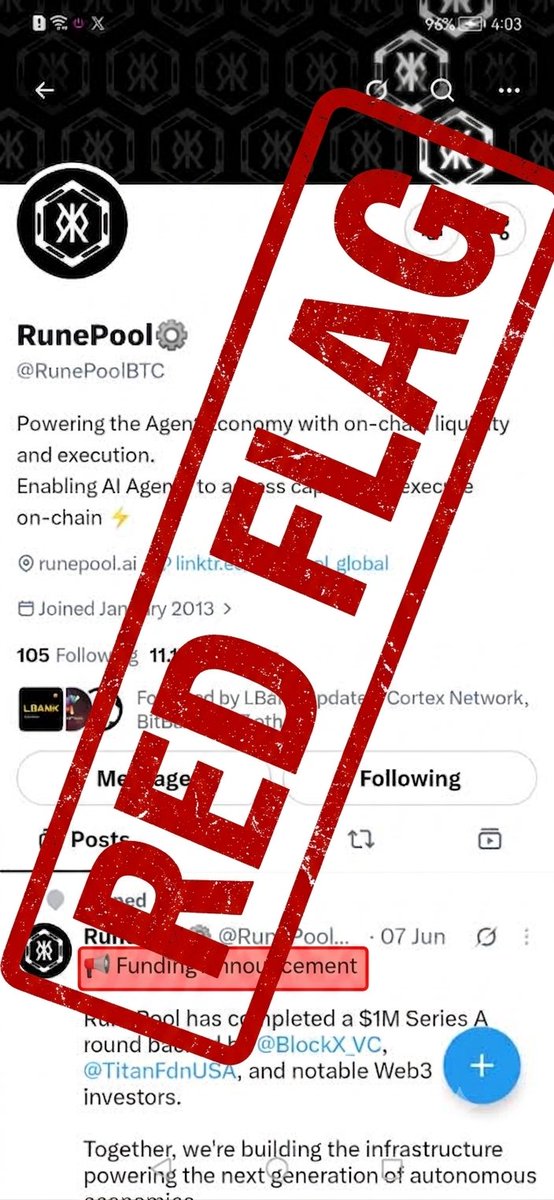 OAGA777's tweet photo. @zaroo7333 @RunePoolBTC @Cortex_Network_ @metabitball @axiomos_ @ENI__Official @LBankUpdates @PrismNetwork_io Yes people noticing in a Scammy and #UNTRUSTWORTHY way. #Fraudulent way. #RED_FLAG.
Your BOTS should start investing money if they have.
REAL USERS SHOULD STAY AWAY from @RunePoolBTC or they will face SERIOUS FINANCIAL LOST + #DENIAL statement OF their CAPITAL. https://t.co/45n21JubnM