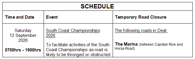KentHighways's tweet photo. Deal, The Marina: Road closed 12th September for 1 day (07:00-19:00) to allow for the South Coast Championships 2026 event: https://t.co/4zAhxKaiI3 https://t.co/EBNX7VTg7s