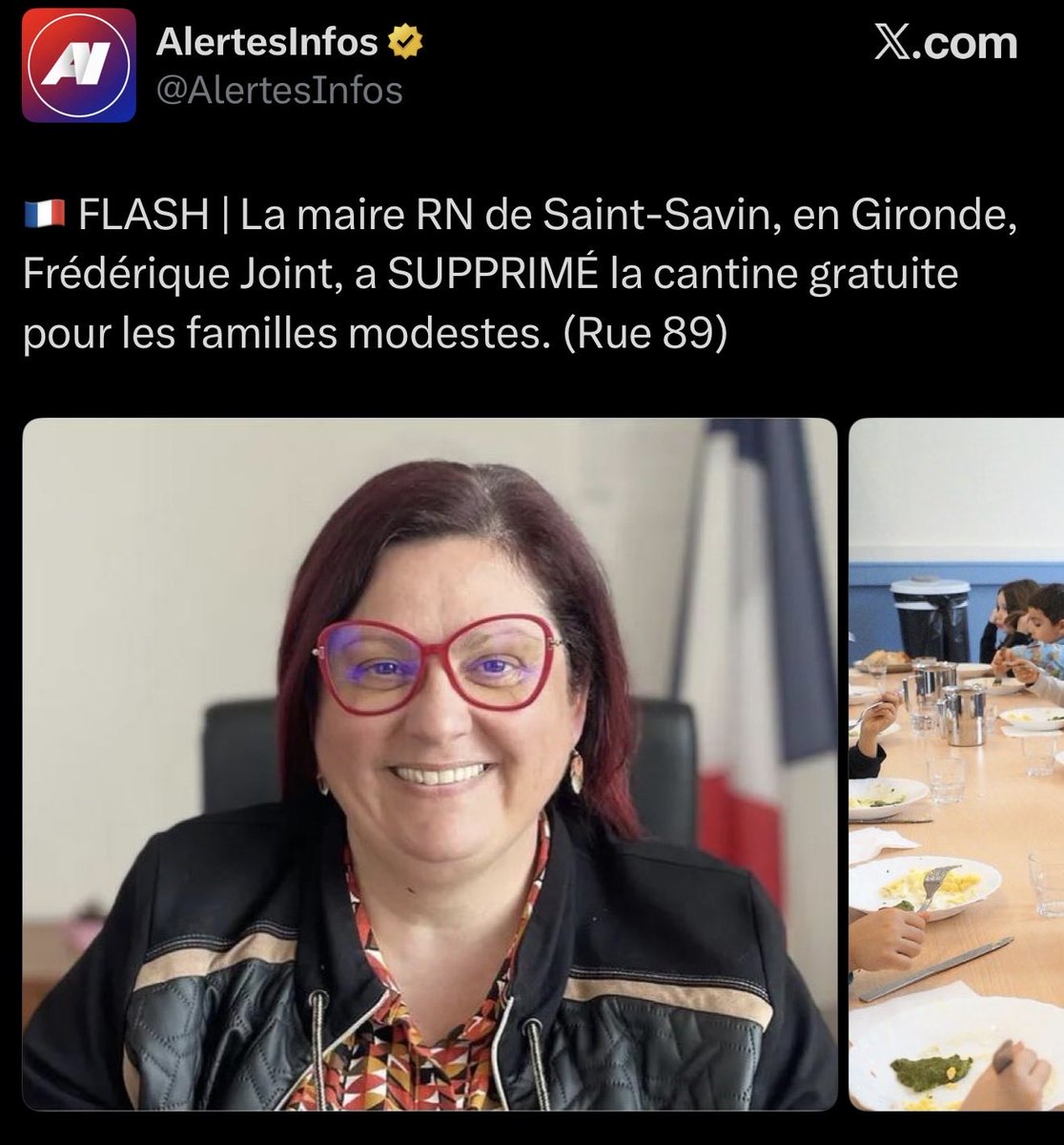 LBleuBlancRouge's tweet photo. 🔴🙄 La nouvelle tarification de la cantine s’échelonne désormais de 1 € à 3,25 € selon les tranches de revenus. 

Sur près de 400 élèves, une trentaine bénéficiaient jusqu’ici de repas gratuits. Il sera désormais demandé à leurs parents de s’acquitter d’un euro.

Un euro. UN EURO. UN SEUL EURO. 

L’autorité parentale implique de pourvoir aux besoins essentiels de l’enfant : se nourrir, se loger, s’habiller. Exiger une contribution minime pour le repas de midi n’est donc pas une mesure extravagante. C’est, au contraire, un rappel élémentaire de responsabilité.

Pourtant, certains en font un scandale. Comme si demander un euro relevait de l’injustice sociale. Comme si la collectivité devait continuer à tout prendre en charge, même lorsque la somme demandée est dérisoire.

Ce reflexe en dit long : l’habitude d’attendre de la société qu’elle assume à la place des familles ce qui relève d’abord d’elles. Et la facilité avec laquelle une partie des médias et de leurs relais transforment une contribution de un euro en affaire politique, au point que beaucoup avalent le récit sans le questionner.

C’est cela qui lasse : non le tarif, mais la dramatisation réalisée par des comptes militants mélenchonistes comme @AlertesInfos qui se font passer pour des comptes d’infos neutre et la manière dont on inverse les responsabilités.