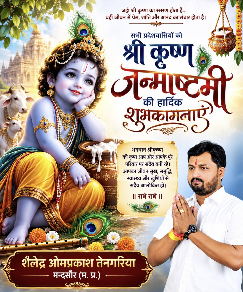 STengariya's tweet photo. श्रीकृष्ण जन्माष्टमी की हार्दिक शुभकामनाएँ ...

जहाँ श्रीकृष्ण का स्मरण होता है, वहाँ मन को शांति, जीवन को नई दिशा और हृदय को प्रेम मिलता है।

आइए, इस पावन अवसर पर धर्म के मार्ग पर चलने, कर्म करते रहने और प्रेम व सद्भाव को जीवन में उतारने का संकल्प लें।

🚩 जय श्री कृष्ण !! 🚩 https://t.co/WBh6AfLhjP
