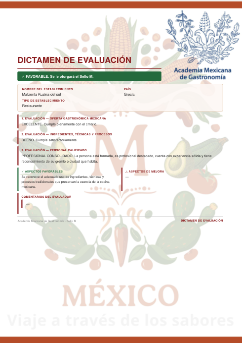 EmbaMexGre's tweet photo. El distintivo de gastronomía mexicana #SelloM fue otorgado al restaurante Matzenta Kuzina del Sol, Chania por la Academia Mexicana de Gastronomía y la SRE por su compromiso con la autenticidad y difusión de la gastronomía mexicana. #DiplomaciaPúblicaMX #DiplomaciaTuristicaMX https://t.co/GNmIKPDXao