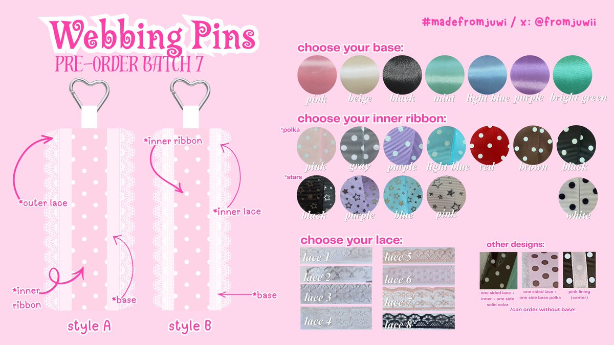 fromjuwii's tweet photo. ୨୧ ˚₊‧ batch 7 — webbing pins by juwi ‧₊˚ ୨୧

𐙚 customized webbing guide 𐙚
for those who wish to reserve their custom webbing early ♡

୨୧ price: ₱60 each
— style A
— style B
— other customized designs

𓂃 ࣪˖ ִֶָ pre-order period ִֶָ˖ ࣪𓂃
♡ september 4 (friday) — september 7 (monday)

𓂃 ࣪˖ production time ˖ ࣪𓂃
♡ 1–2 days after pre-order period ended

🪽 want something customized?
send me a DM with your preferred design, reference, or idea! i’ll let you know if it’s possible and confirm the final price before production.
♡ prices may change depending on the complexity or number of requests.

୨୧ on-hand designs
will be posted next week ♡ please wait for the official posting if you’d like to choose from ready-made designs!

𓆩♡𓆪 important reminder
this serves as the guide for customized webbing pre-reservation / early reservation for batch 7. slots are limited, so please reserve early to secure yours!

𓂃 ࣪˖ payment terms ˖ ࣪𓂃
♡ 50% down payment is required to secure your reservation.
♡ the remaining 50% balance will be collected once your webbing is finished and ready to ship.

thank you for supporting my little shop ♡
may your favorite designs come to life ✧˖°🪽🎀