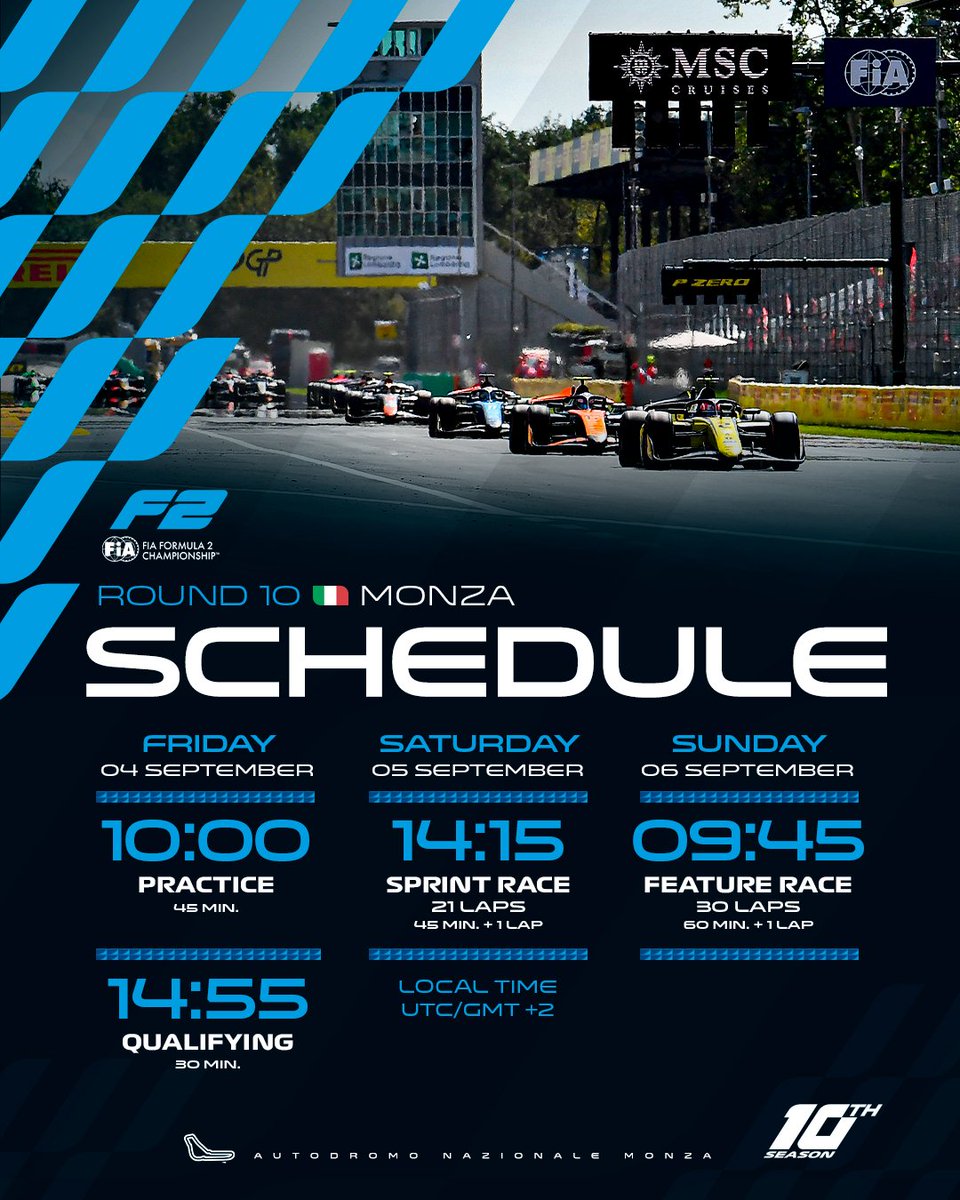 The_Pocisk's tweet photo. @F1 @Autodromo_Monza Rozkład jazdy dla @Formula2:
Piątek:
• trening - 10:00
• kwalifikacje - 14:55
Sobota:
• wyścig (sprint) - 14:15
Niedziela:
• wyścig (główny) - 9:45
#F2PL https://t.co/A35fSbr5mj