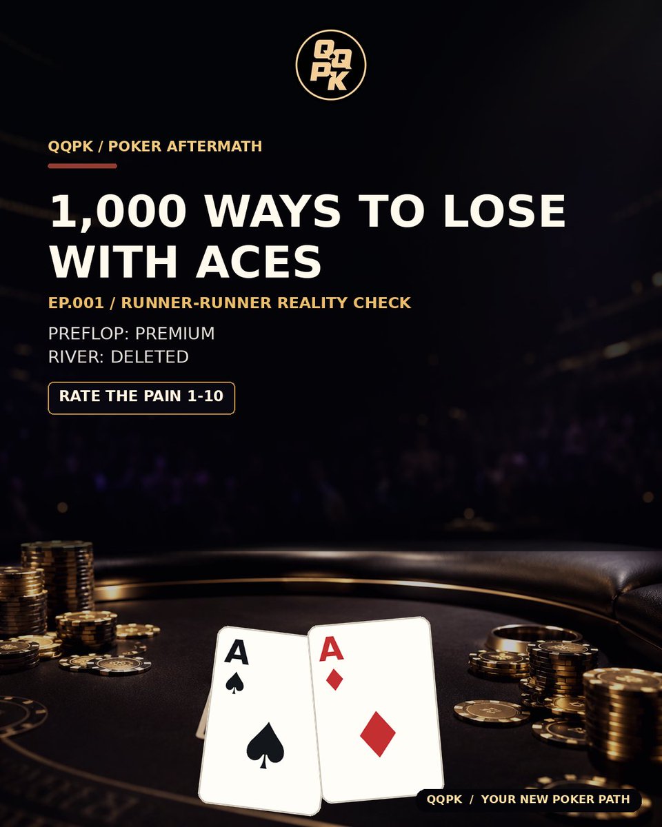 QQPKOFFICIAL's tweet photo. 1,000 WAYS TO LOSE WITH ACES
A♠A♦ vs 7♣6♣
Flop: K♥ 8♣ 2♠
Turn: 9♣
River: T♣
Preflop: premium.
Flop: comfortable.
Turn: suspicious.
River: deleted from existence.
Rate this pain from 1–10.
#QQPK #Poker #texasholdem #holdem #pokerlife #pokerplayer https://t.co/rh1VKwGEwI