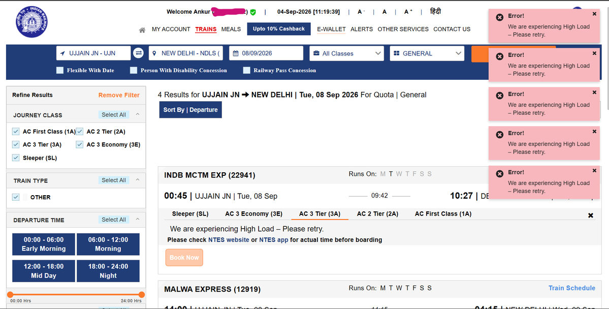 _ankur2_'s tweet photo. @IRCTCofficial @AshwiniVaishnaw @Paytm General quota se kar raha hu, aab kya? issme bhi error?
@IRCTCofficial @AshwiniVaishnaw 

when public says we want new irctc website, we want better booking experience, not better UI 🥹

the new website (beta) is no different than this. https://t.co/yYCcLUDUi3