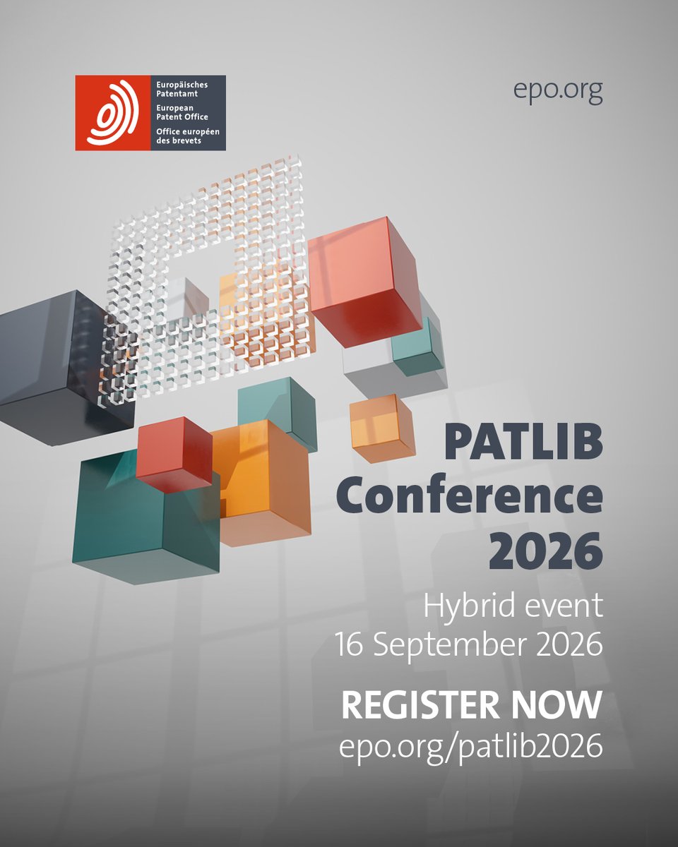 EPOorg's tweet photo. Your day at PATLIB Conference 2026 👇

💶 Unlocking capital through IP
📊 Patent valuation &amp; technology assessment
🤝 Skills for technology transfer
🏆 #EPOCodeFest 2026 prize ceremony

📅 16 September | 📍 Warsaw &amp; online
🔗 https://t.co/D2LUVOmGOP

#PATLIB2026 @UPRP_GOV_PL https://t.co/ngxoWkFZRP