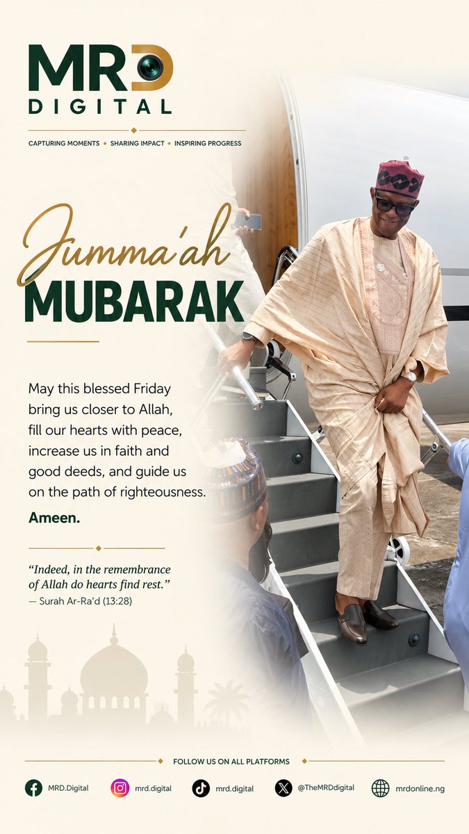 TheMRDdigital's tweet photo. JUMMA’AH MUBARAK 🌙

May this blessed Friday bring peace to our hearts, blessings to our homes, and mercy to our lives. May Allah accept our prayers, forgive our shortcomings, increase us in faith, and guide us always on the path of righteousness. https://t.co/mJrvhwGV6Y