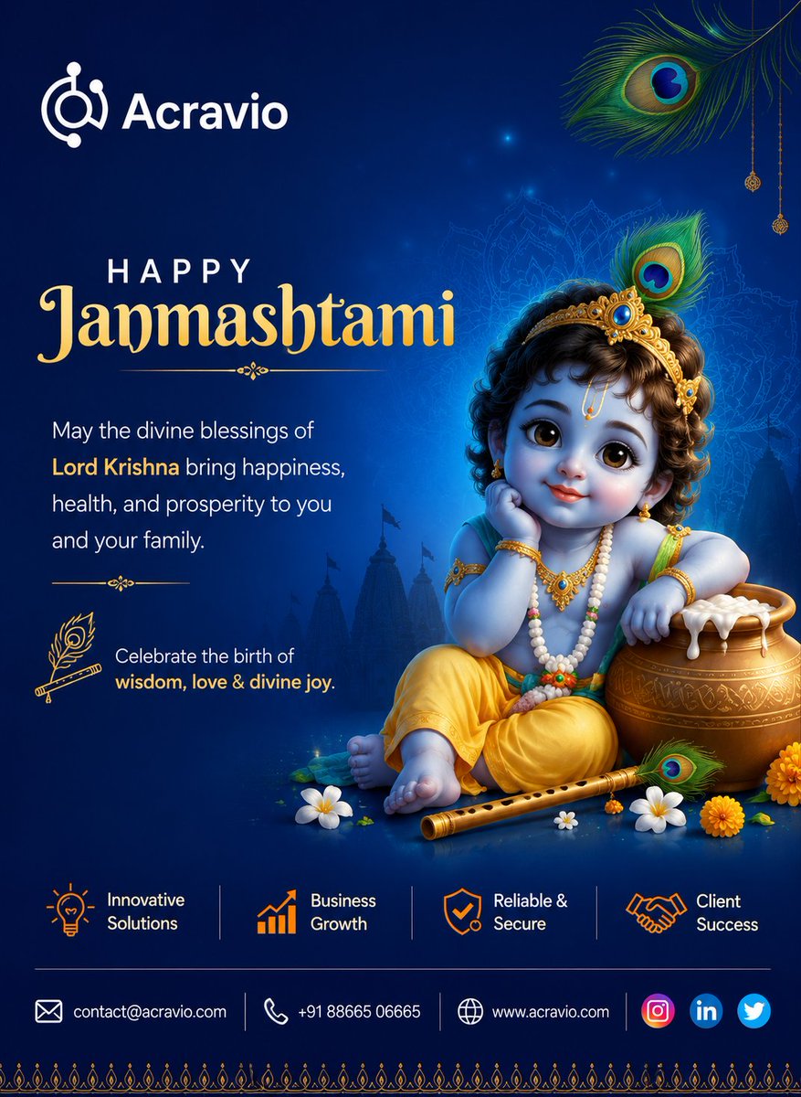 acraviotech's tweet photo. 🦚 Happy Janmashtami! 💙

May Lord Krishna bless you and your family with happiness, peace, prosperity &amp; success. 🪈🙏

Celebrate with love, faith &amp; positivity. ✨

Radhe Radhe! 💙

#Janmashtami #LordKrishna #Krishna #Acravio #HappyJanmashtami https://t.co/tTMxe7KvNO
