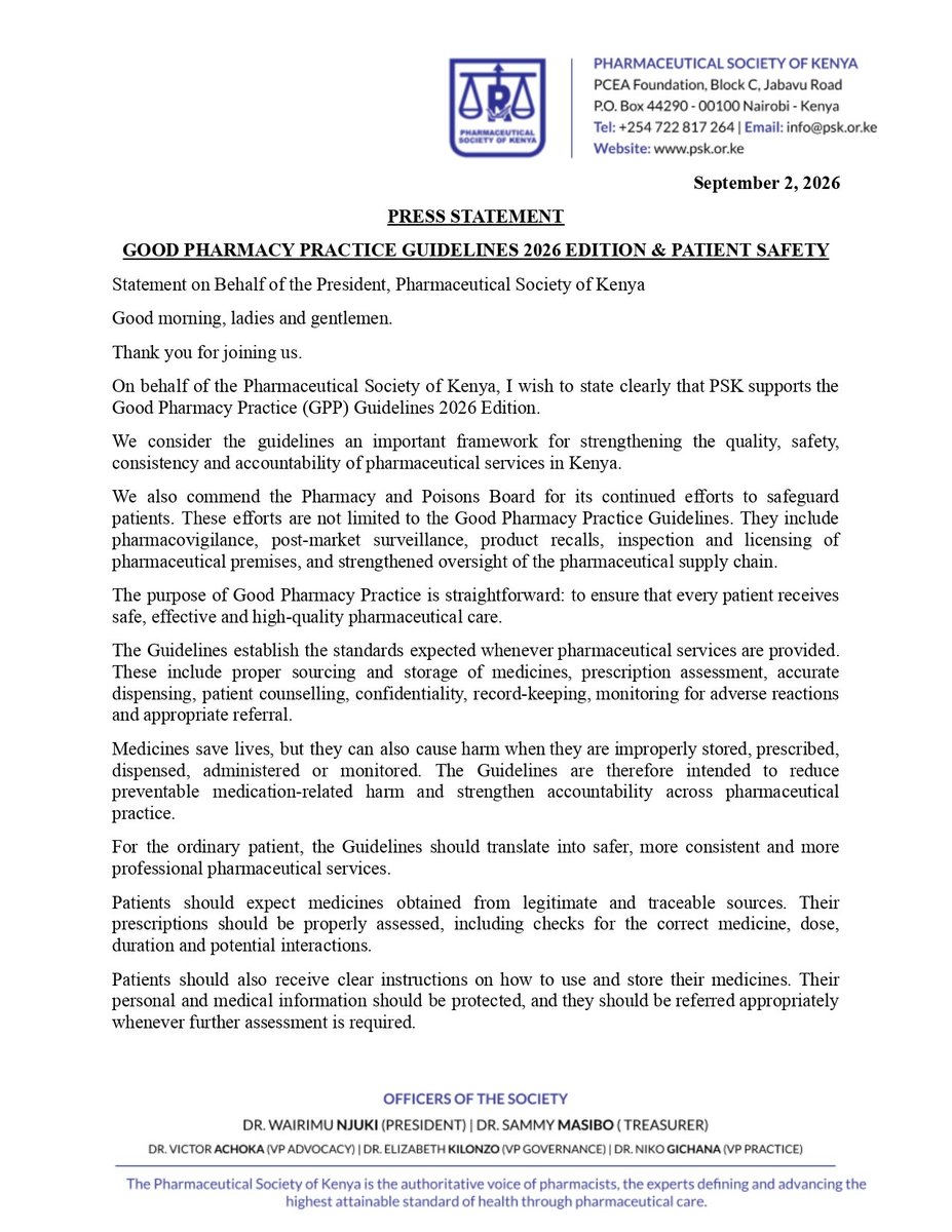 PSofKenya's tweet photo. PRESS STATEMENT ON GOOD PHARMACY PRACTICE GUIDELINES 2026 EDITION & PATIENT SAFETY - 02/09/2026

Statement delivered by Dr Sammy Masibo on Behalf of Dr Wairimu Mbogo, President, Pharmaceutical Society of Kenya

#PSK2026 #GPP2026 @ppbkenya @MOH_Kenya @HonAdenDuale @psmuthoni @MOHMedServices @PublicHealthMoH @WairimuwaMbogo