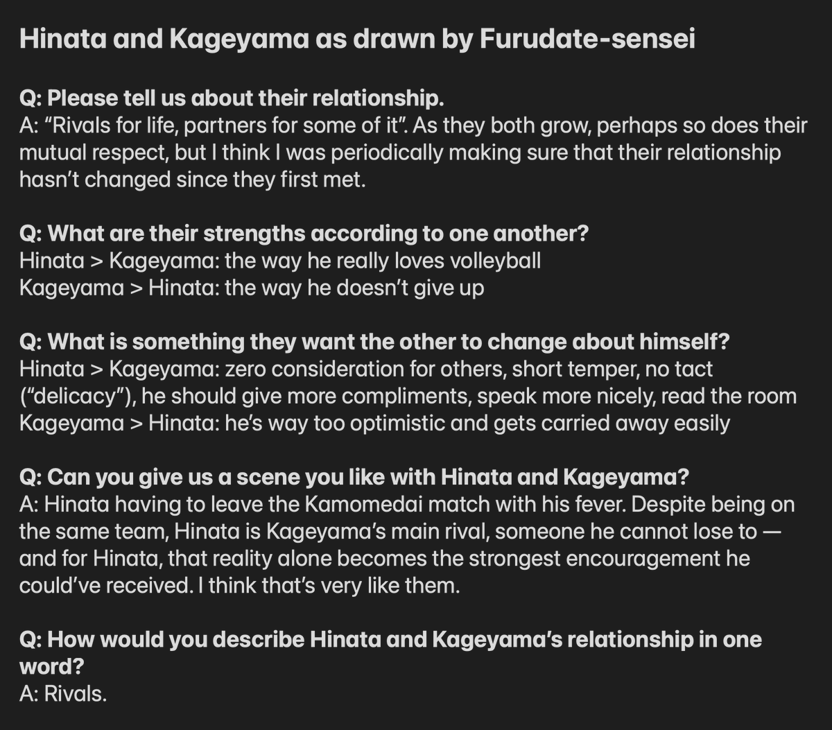 TrianaNero's tweet photo. haikyuu's character remix (hinata &amp; kageyama) went on sale today, and here's a translation of the short q&amp;a with furudate-sensei! there's also a cute sketch of kagehina racing, and both books come with adorable manga stickers, so if you're a fan, definitely grab it! https://t.co/sMXbsvVC8m