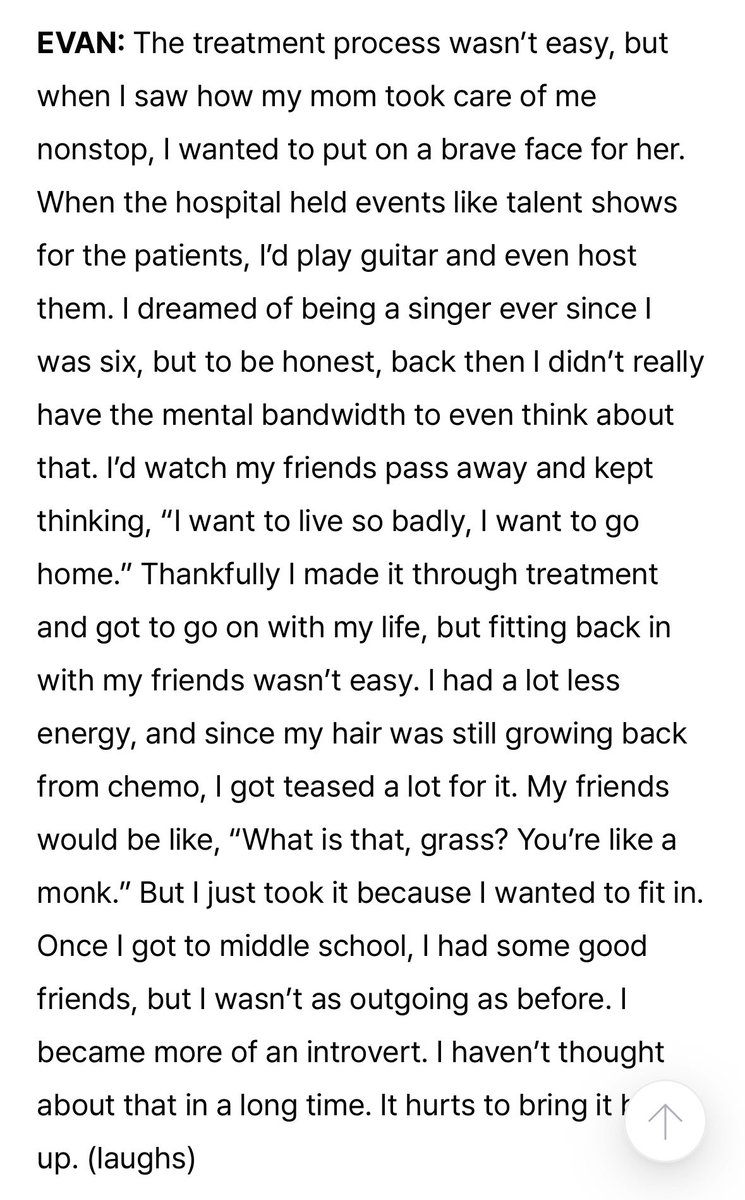 evanspopbase's tweet photo. [260904] EVAN via Weverse Magazine 

When he was young, EVAN was diagnosed with Malignant lymphoma, which then he later found out in hospital that he had cancer. 

👤 : I can’t even imagine how difficult that must’ve been to go through at such a young age.

🦌: The treatment process wasn’t easy, but when I saw how my mom took care of me nonstop, I wanted to put on a brave face for her. When the hospital held events like talent shows for the patients, I’d play guitar and even host them. I dreamed of being a singer ever since I was six, but to be honest, back then I didn’t really have the mental bandwidth to even think about that. I’d watch my friends pass away and kept thinking, “I want to live so badly, I want to go home.” Thankfully I made it through treatment and got to go on with my life, but fitting back in with my friends wasn’t easy. I had a lot less energy, and since my hair was still growing back from chemo, I got teased a lot for it. My friends would be like, “What is that, grass? You’re like a monk.” But I just took it because I wanted to fit in. Once I got to middle school, I had some good friends, but I wasn’t as outgoing as before. I became more of an introvert. I haven’t thought about that in a long time. It hurts to bring it back up. (laughs)

#에반 #EVAN #희승 #HEESEUNG