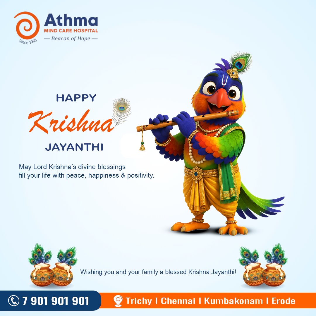 athma_hospitals's tweet photo. Wishing you and your family a blessed Krishna Jayanthi!
For more details:
Contact: 7 901 901 901
Visit: https://t.co/BsNYaNa5Yx
Address: Athma Mind Care Hospitals,
12 B&C, 10th Cross (East),
Thillainagar, Trichy -18.
#krishnajanmashtami #lordkrishna #mindproblem https://t.co/9XMoEdi9MV