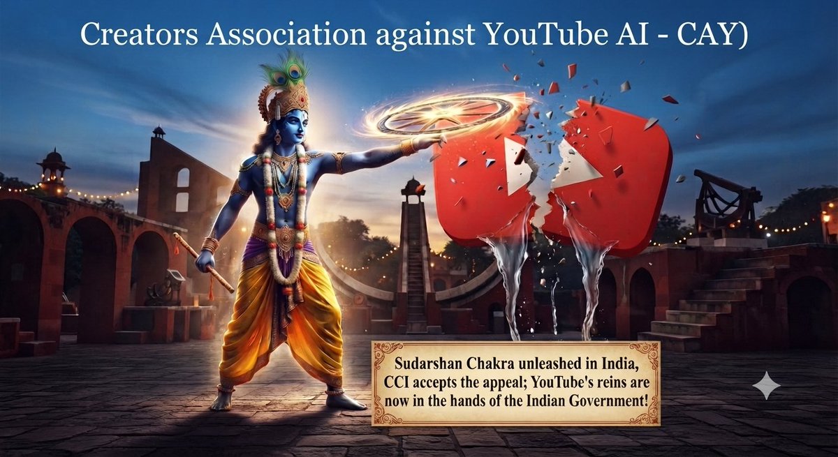 CAY_prahlad's tweet photo. Sudarshan Chakra unleashed in India, CCI accepts the appeal; Let YouTube escape the hands of the Indian Government now! A lone warrior openly submits all the evidence.

In this battle of justice, truth, and rights, every arbitrary move of the algorithms will now be answered with law and evidence. The formal legal battle of Creators Association against YouTube AI (CAY) is underway at the CCI. ⚖️🚀 #TechJustice #CAY #PrahladVaishnav #CCI"

Sudarshan Chakra unleashed in India, CCI accepts the appeal; YouTube's tyranny ends here!

Challenging algorithmic tyranny with absolute proof and justice."
​"When algorithms break creators, justice breaks the algorithms."
​"The legal battle for creator rights has officially begun."
​"A lone fighter against digital monopoly—CAY at CCI."

Sudarshan Chakra unleashed in India, CCI accepts the appeal; YouTube's reins are now in the hands of the Indian Government!