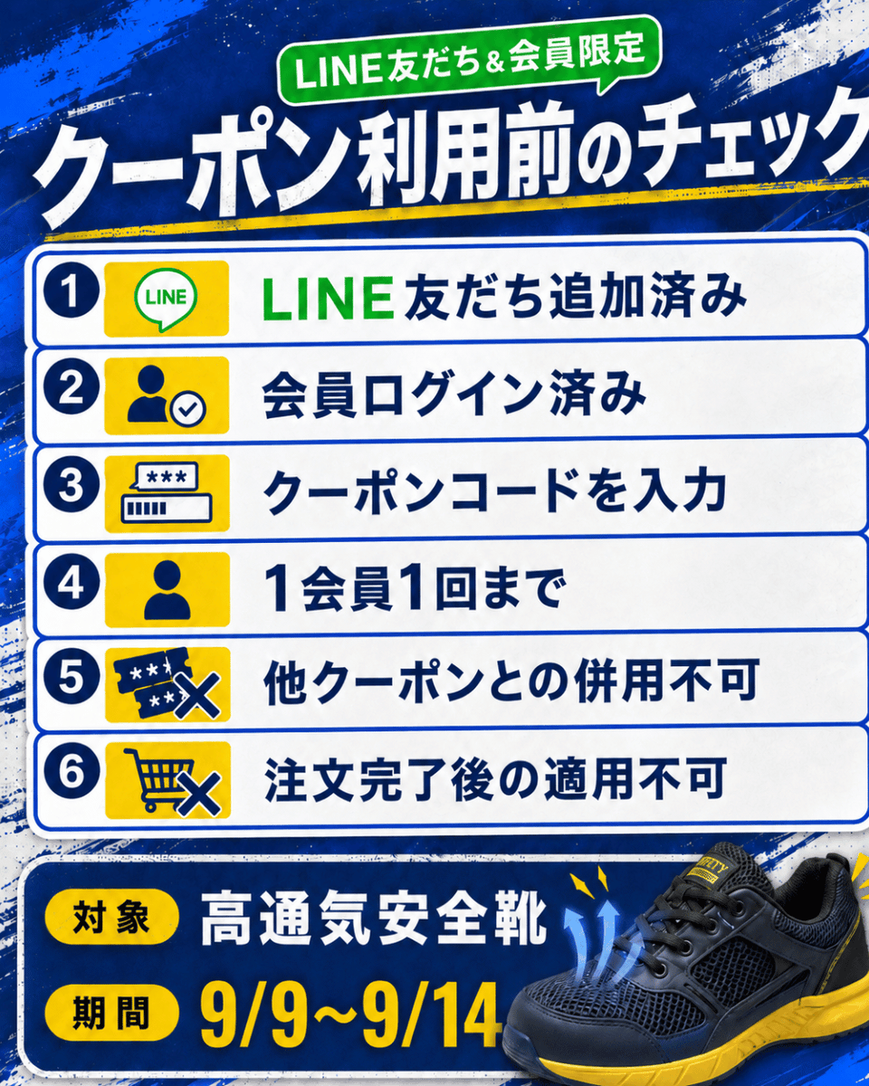 anzenwork's tweet photo. 👟毎月9日は「安全靴の日」！

安全ワークでは靴にちなんで、毎月9日に安全靴のお得なキャンペーンを実施✨
※LINE友だち＆会員限定

9月は対象の高通気安全靴が200円OFF＋靴下サービス！
まだ暑さが残る9月。
ムレやすい足元を、通気性のいい安全靴で快適にしませんか？
https://t.co/IYjTe7R9oq https://t.co/n8MKuv8kLD