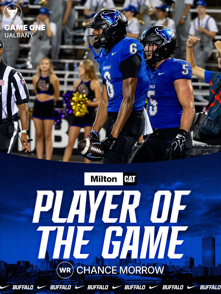 UBuffaloFB's tweet photo. With three touchdowns on the night, Chance Morrow is the Milton Cat Player of the Game!

#UBhornsUP🤘l #BullMarket📈 https://t.co/hVdphOxYCI