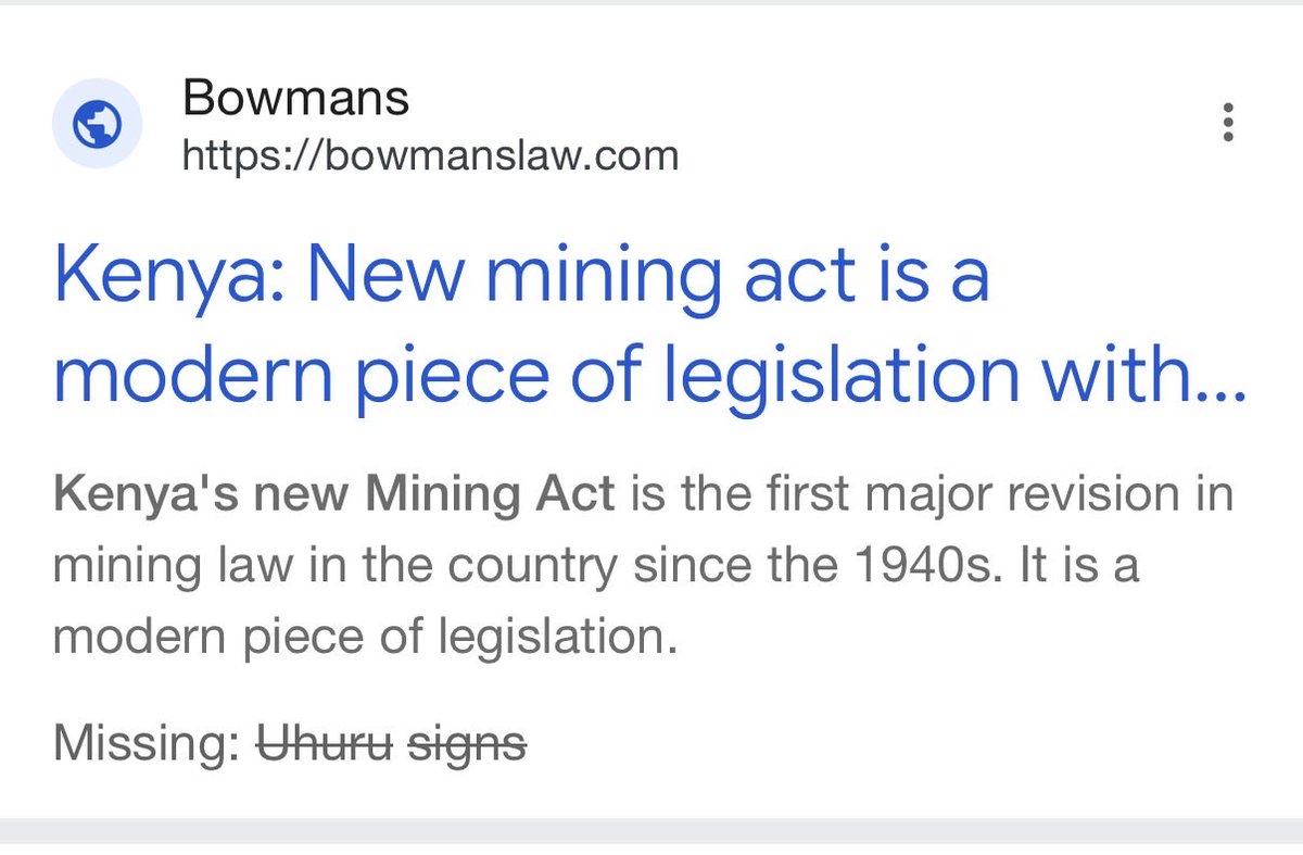 Disembe's tweet photo. President Uhuru signed the Mining Act, 2016 into law, and that was the end of it! 

This was vintage Uhuru, signing laws he never intended to implement. 

The process of making the law was most contested, with National Assembly and Senate in constant disagreements since 2014. 

It took nearly two years to overhaul the colonial mining law that was still in use. 

The law which came out of the NA-Senate pipeline returned Kenya’s minerals to Kenyans —if only  Kenyan leaders had the balls to implement it. 

 President @WilliamsRuto is a brick and mortar president. 

His brief is to BUILD KENYA by implementing national laws without fear or favour; whether those to be feared are white capitalists still nursing colonial hangovers or their black appendages. 

You notice there is only one region opposed to Kenya’s full independence. You tell them BATUK cannot operate as if we are a failed state, they go bonkers. You tell them Tata is operating as if Kenya’s mining laws are mere suggestions, they suck up to Tata. 

This group must be defeated and consigned to the ash heap of history. 

Kenya will never progress with the mentality of Central Kenya politicians who still are not aware that it’s 60 years after independence — there’s nothing to fear but fear itself! 

Congratulations ODM EXPERT & Mining CS @HassanAliJoho ✌🏿💪🏾.

Congratulations H.E Daktari William Samoei Ruto✌🏿👏.