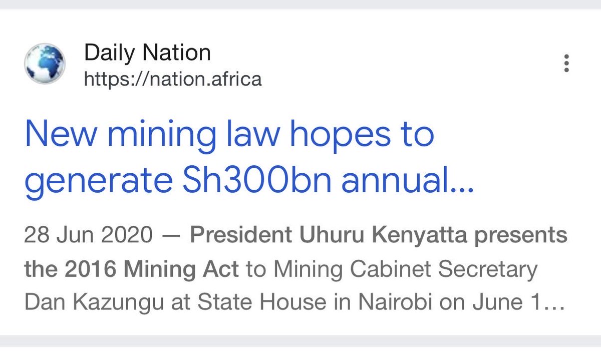 Disembe's tweet photo. President Uhuru signed the Mining Act, 2016 into law, and that was the end of it! 

This was vintage Uhuru, signing laws he never intended to implement. 

The process of making the law was most contested, with National Assembly and Senate in constant disagreements since 2014. 

It took nearly two years to overhaul the colonial mining law that was still in use. 

The law which came out of the NA-Senate pipeline returned Kenya’s minerals to Kenyans —if only  Kenyan leaders had the balls to implement it. 

 President @WilliamsRuto is a brick and mortar president. 

His brief is to BUILD KENYA by implementing national laws without fear or favour; whether those to be feared are white capitalists still nursing colonial hangovers or their black appendages. 

You notice there is only one region opposed to Kenya’s full independence. You tell them BATUK cannot operate as if we are a failed state, they go bonkers. You tell them Tata is operating as if Kenya’s mining laws are mere suggestions, they suck up to Tata. 

This group must be defeated and consigned to the ash heap of history. 

Kenya will never progress with the mentality of Central Kenya politicians who still are not aware that it’s 60 years after independence — there’s nothing to fear but fear itself! 

Congratulations ODM EXPERT & Mining CS @HassanAliJoho ✌🏿💪🏾.

Congratulations H.E Daktari William Samoei Ruto✌🏿👏.