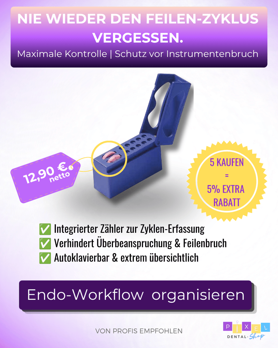 pixel_dental's tweet photo. Wie oft fragst Du Dich am Aufbereitungstisch: Wie oft wurde diese NiTi-Feile schon verwendet? Mit der Endofeilen-Aufbewahrungsbox mit integriertem Zähler behältst Du jeden Zyklus im Blick.
Kleine Investition, spürbare Entlastung im Praxisalltag. #Endodontie #Praxisorganisation https://t.co/xIkPDQi8B1