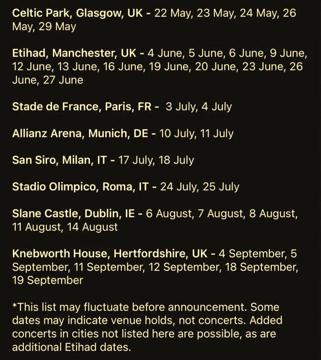 oasisworld_'s tweet photo. OASIS EUROPEAN TOUR DATES LEAKED?

A tour iteniary has surfaced over all social media from an unknown source.

While it does feature some accurate locations such as Manchester Etihad and Knebworth, the legitimacy of the information is still in question.

What do you think of the proposed 2027 schedule? ⬇️