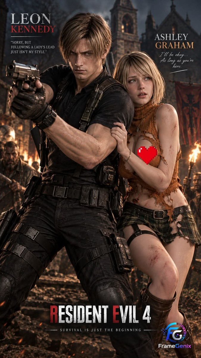 FrameGenix's tweet photo. Leon, you were supposed to protect Ashley—not return the President’s daughter like this. 😂

Jokes aside, this generation gave me a little more than I bargained for… hence the censor heart. ❤️ And don’t ask for the prompt—there isn’t one. This was a rare AI accident I’ll probably never reproduce. 
#residentevil #RE4 #RE4Remake #leonkennedy #zombies #aigenerated #aiart #framegenix #AshleyGraham