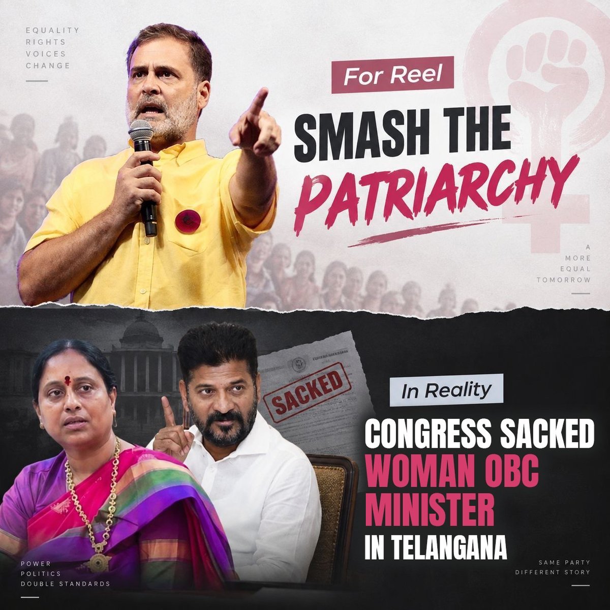 BJP4Telangana's tweet photo. ఢిల్లీలో మహిళా సాధికారత జపం... తెలంగాణలో బీసీ మహిళా మంత్రిపై వేటు...
బయటపడ్డ కపట నాటకం... కాంగ్రెస్ ద్వంద్వ వైఖరి.
కాంగ్రెస్ చెప్పేది ఒకటి, చేసేది మరొకటి అనడానికి ఇదే నిదర్శనం. https://t.co/RbARG8rKro