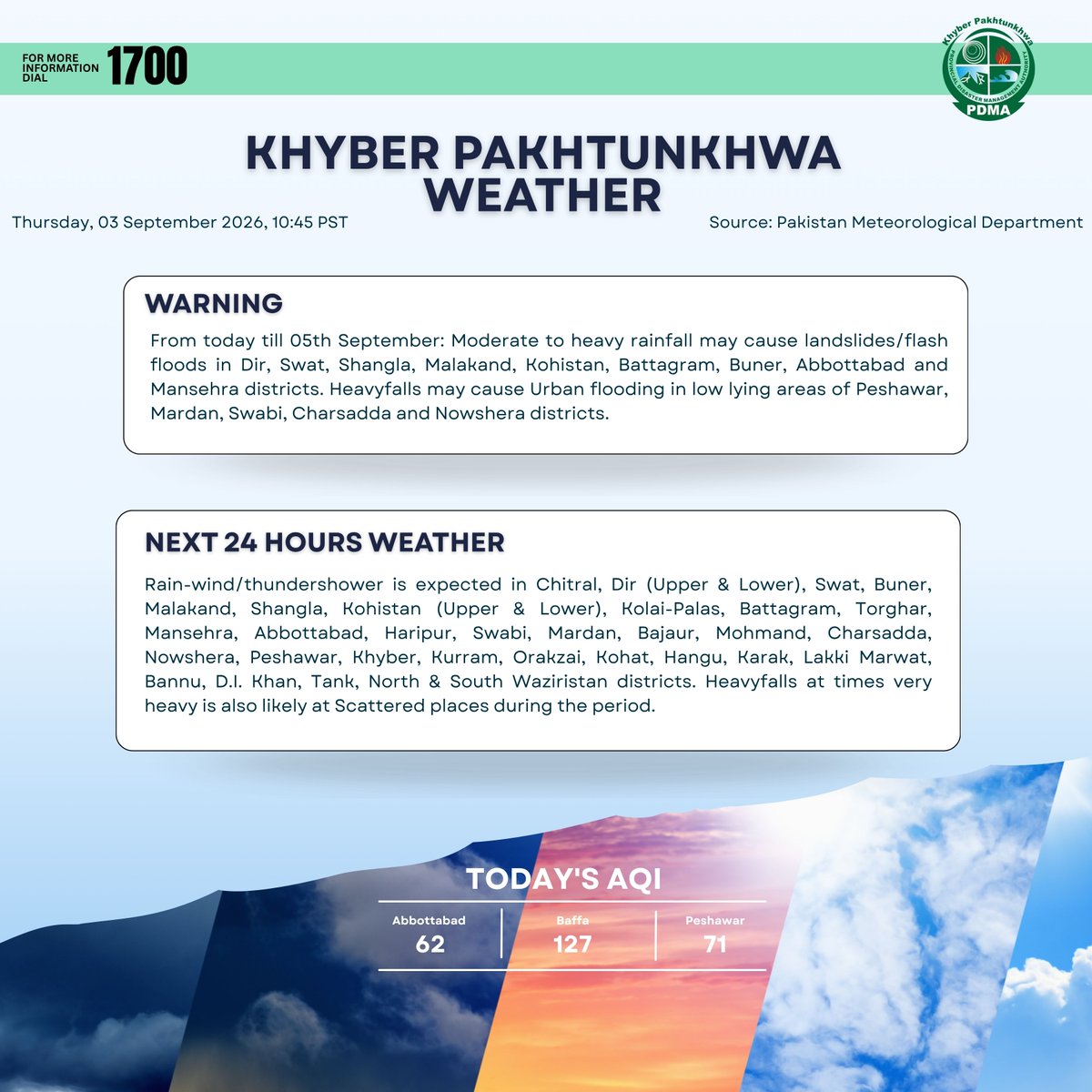 PDMAKP's tweet photo. KHYBER PAKHTUNKHWA WEATHER
Friday, 04 September 2026, 10:40 PST
Source: @pmdgov
#pdmakp #weatherforecast
@GovernmentKP @KPChiefMinister @CSKPOfficial @Arifulah86 @AqibUllahKhan4 @infokpgovt https://t.co/a94osCcDWR