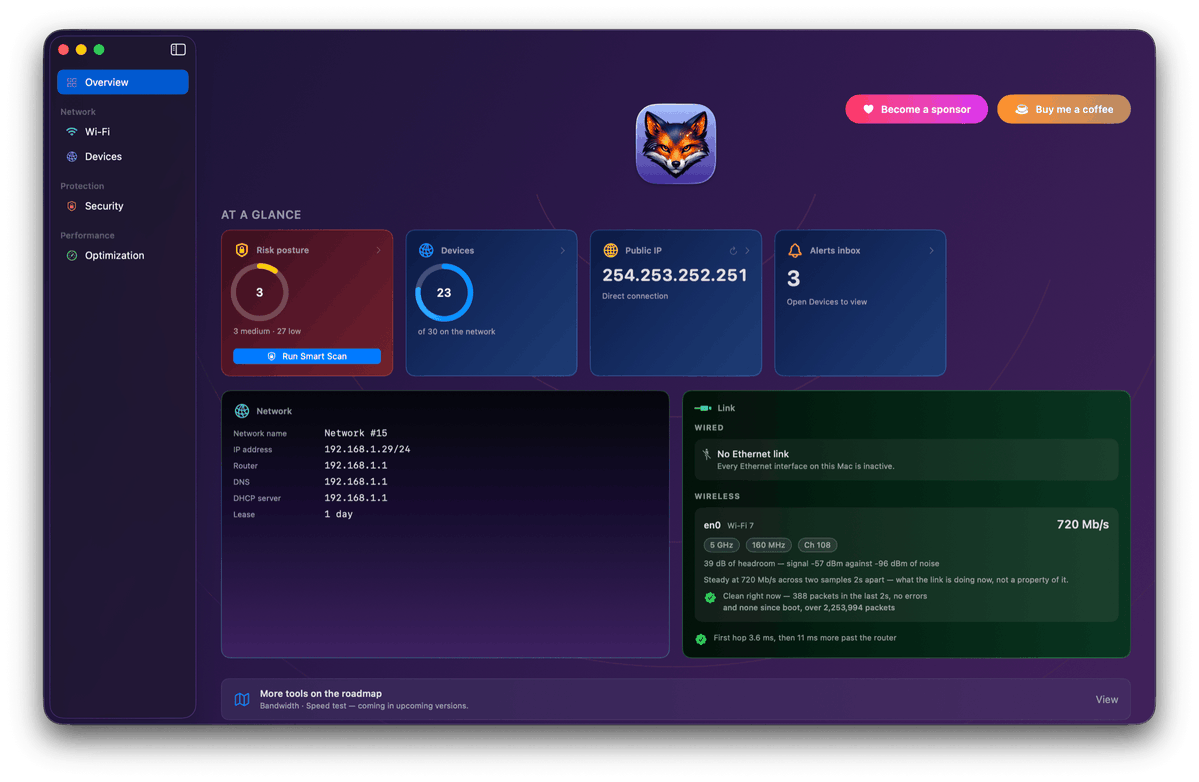 gfazioli's tweet photo. Netfox 0.18.0 is out 🦊

Your Mac's connection, underneath the IP address: what the cable negotiated vs what the port can do, what the radio is really doing, and how much of the delay is yours vs past your router.

A 10-gig port stuck at 1 now says so.

https://t.co/I877EugYqq https://t.co/s8ItSwgrks