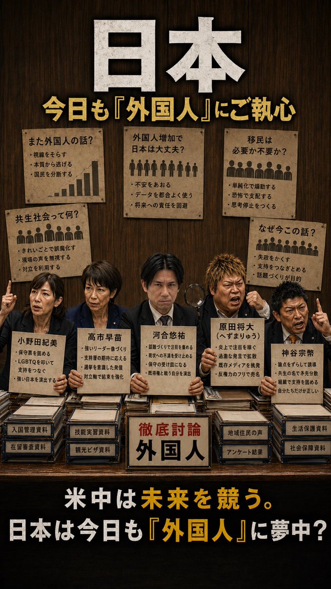 GuiGui155430699's tweet photo. 米中は  
「未来をどう作るか」を競い、  

日本は  
「不満を誰のせいにするか」を競う。  

テクノロジー競争から逃げて外国人を叩いてる方が楽だもんね。  

今日も平和でナニよりです。  
#排外 #外国人 https://t.co/INIK2yn7R6