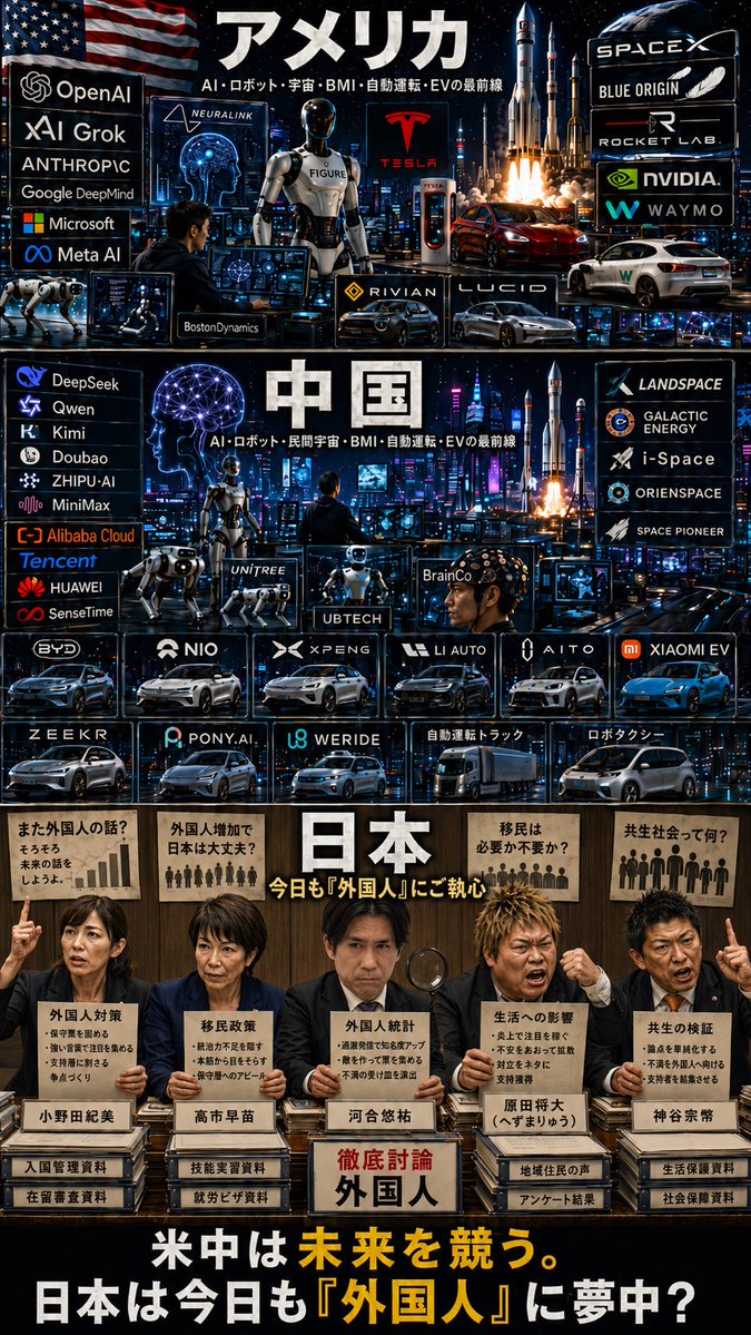 GuiGui155430699's tweet photo. 米中は  
「未来をどう作るか」を競い、  

日本は  
「不満を誰のせいにするか」を競う。  

テクノロジー競争から逃げて外国人を叩いてる方が楽だもんね。  

今日も平和でナニよりです。  
#排外 #外国人 https://t.co/INIK2yn7R6