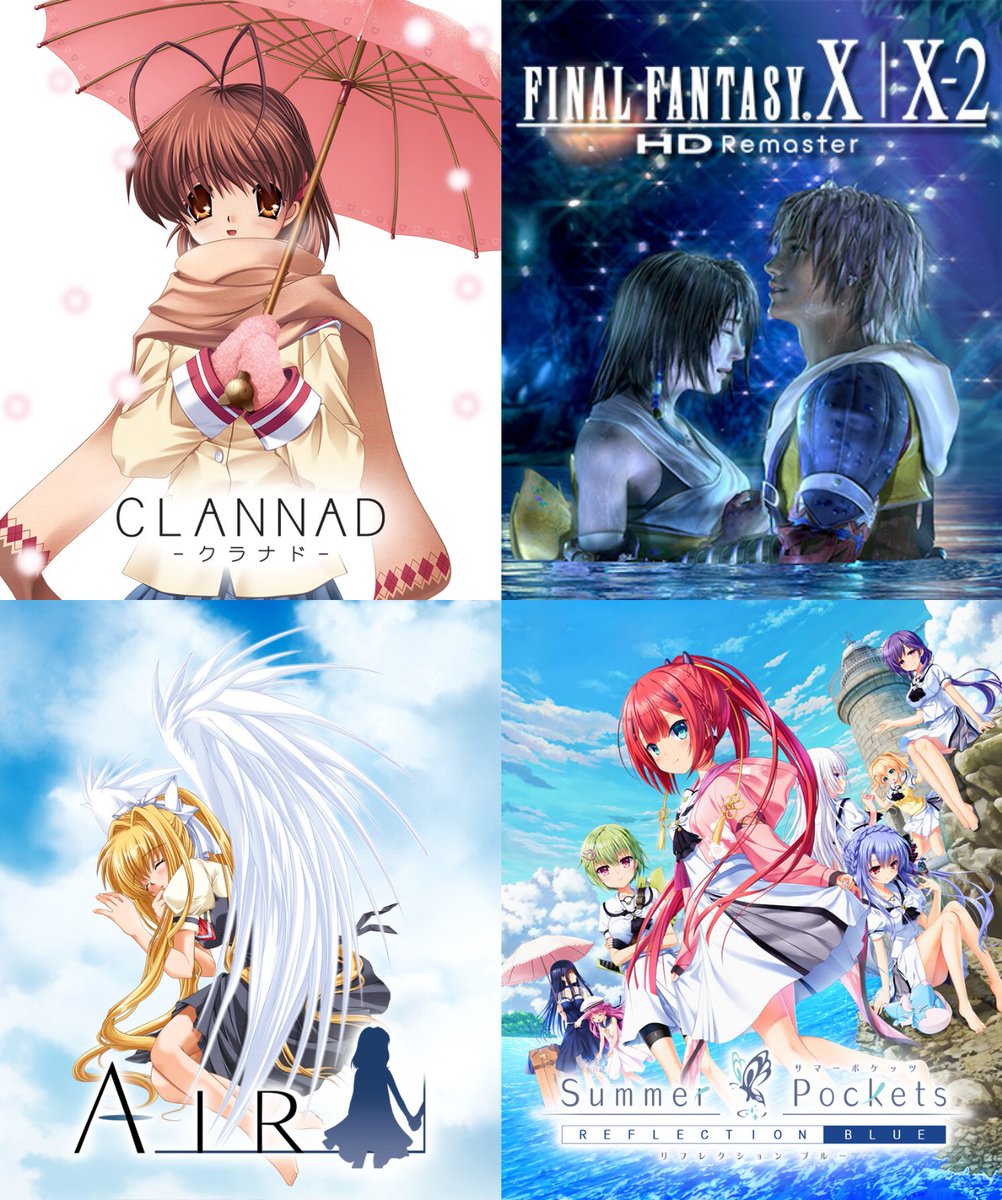 KaroshiMyriad's tweet photo. Dengeki Online popularity poll results on the top 10 recommended tearjerker games:

1. CLANNAD
2. Final Fantasy X
3. AIR
4. Summer Pockets
4. Kemono Teatime
4. Little Busters!
7. Okami
8. Persona 3
9. Final Fantasy XIV
10. Wuthering Waves

https://t.co/s4qcAHnjzC https://t.co/kfpbjDsXX9