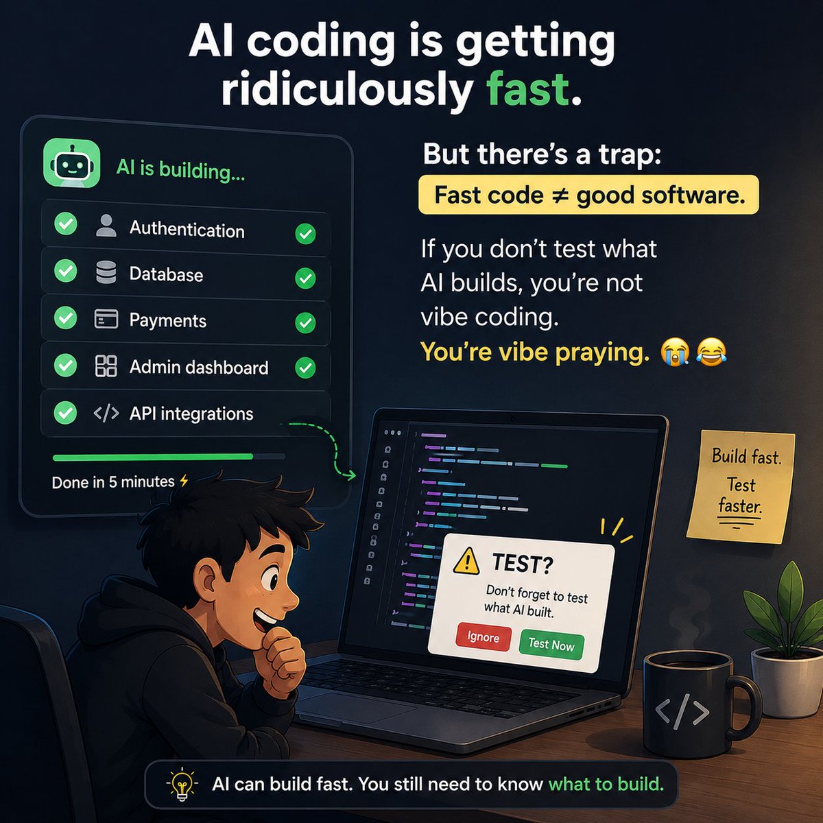 BOLEXMAN12's tweet photo. AI coding is getting ridiculously fast.

But there’s a trap:

Fast code ≠ good software.

If you don’t test what AI builds, you’re not vibe coding.

You’re vibe praying. 😭😂

Build fast. Test faster.

#VibeCoding #AI https://t.co/iKGxo9FN6o