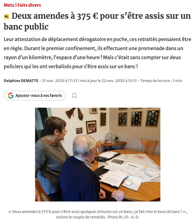 NiONiPardon's tweet photo. 03/2020 Deux retraités, attestation de déplacement en poche, ont été verbalisés durant le premier confinement pour s'être assis sur un banc lors de leur promenade dans le rayon d'un kilomètre : deux amendes de 375 €. « J'ai un pacemaker, des problèmes de santé. Les médecins me conseillent de marcher le plus possible », a raconté Jacqueline, 75 ans. « J'étais fatiguée. »

https://t.co/BjcXhPjdHi

👉 NONP existe grâce à ses soutiens : https://t.co/nPxxvPhHZZ