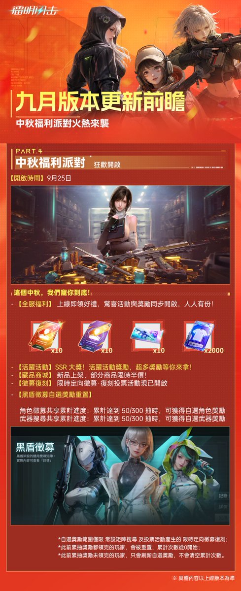 WarpKnights666's tweet photo. 《鐳明閃擊》九月更新內容前瞻  

禮包碼：先遣PVP  

親愛的指揮官，中秋月圓，屬於我們的狂歡時刻到啦！全新版本即將上線，福利滿滿、玩法升級，快來看看都有什麼驚喜吧！ 

 #鐳明閃擊 https://t.co/WxKAAbadQB