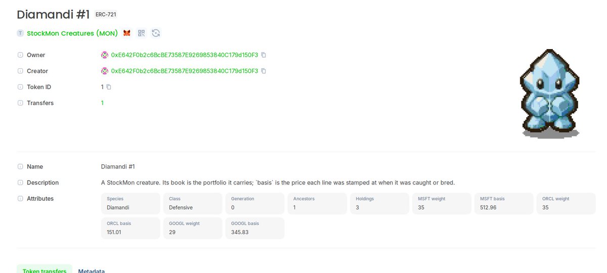 StockmonNFT's tweet photo. First StockMon creatures are minted and live on chain, and they've started earning dividends.

Every creature carries a book of tokenised stocks. Once it's minted, the dividends on that book go straight to the wallet holding it. Level 1 pays on the first holding, level 2 on the first two, level 3 on the whole book, and you can keep levelling after the mint.

You burn $MON to mint. After that it's yours, on chain, and it pays you for holding it.