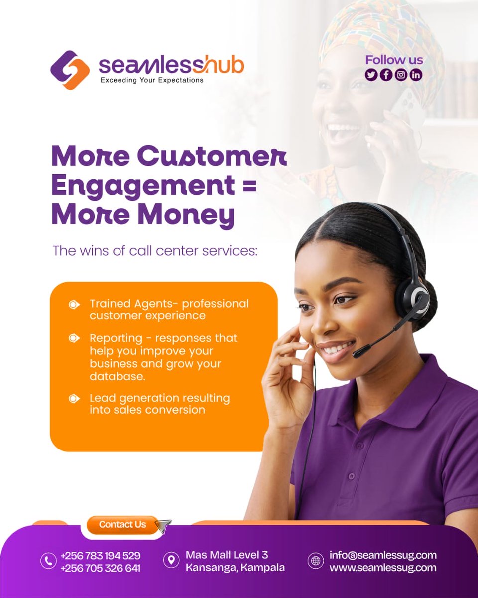 seamless_ug's tweet photo. Your customers are out there—are you reaching them?

With Seamless Hub’s Call Center Services, we help businesses turn every conversation into an opportunity to connect, convert, and grow.

Call us today: +256 783 194 529 / +256 705 362 641 https://t.co/a7ZsrbRxSH