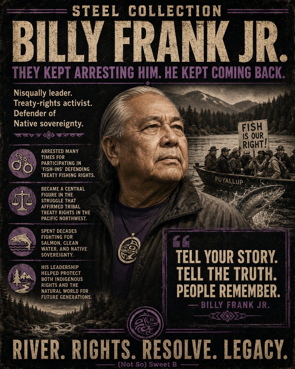 Sweet_Bee1972's tweet photo. Billy Frank Jr. kept showing up β for treaty rights, for salmon, for clean water, and for his people.
Nisqually. Leader. Relentless.
They kept arresting him. He kept fighting. π€
#SteelCollection #IndigenousHistory #NativeHistory https://t.co/HuY1X2Vk5y