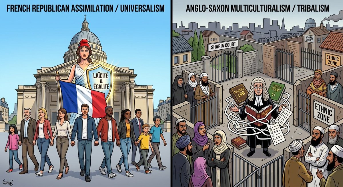 marco_strazza's tweet photo. 🛑L'INTERDICTION DU PORT DU VOILE N'EST PAS UNE ATTEINTE AUX LIBERTÉS INDIVIDUELLES 🏛️🇫🇷🛡️

Comment la prohibition d'un symbole d'asservissement idéologique garantit-elle la liberté réelle en refusant l'assignation identitaire du modèle anglo-saxon ? 🧐

En 2004, la loi interdisant le port de signes religieux ostensibles à l'école publique affichait l'ambition d'assimiler chaque citoyen dans la République, face aux critiques du modèle multiculturel britannique et américain favorisant le développement des ghettos communautaires. 📉🤦‍♂️

Mais la réalité du terrain est venue trancher le débat... ⏳

Aujourd'hui : la Cour européenne des droits de l'homme (CEDH) elle-même valide la souveraineté du modèle d'assimilation français, reconnaissant que la neutralité de l'espace public est essentielle pour préserver la paix civile et protéger l'individu contre la tyrannie du groupe. 🚀📊💥

Le flagrant délit :
« La neutralité religieuse et l'encadrement des symboles prosélytes ne constituent pas une atteinte à la liberté de conscience, mais la condition sine qua non de la liberté individuelle et de la protection contre les pressions communautaires. »
— Henri Peña-Ruiz, le 12 octobre 2021, à Paris (Le Figaro) 🎙️

Thèse / Constat logique : Le modèle anglo-saxon enferme l'individu dans sa tribu d'origine ; l'assimilation républicaine française le libère de la tutelle communautaire pour en faire un citoyen autonome. 🧠😏

[L'EXCELLENCE DE L'ASSIMILATION RÉPUBLICAINE] — LA LIBERTÉ PAR L'UNIVERSALISME :

1️⃣ Refus du contrôle social : Protéger les femmes et les minorités en interdisant aux dirigeants religieux d'imposer des normes vestimentaires dans l'espace public. 🛡️

2️⃣ Citoyenneté abstraite : Traiter chaque individu comme un égal sans distinction de race ou de religion, garantissant une mobilité sociale sans intermédiaire communautaire. ⚖️

3️⃣ Neutralité des institutions : Préserver l'école et la rue des tensions identitaires pour offrir un socle culturel commun et pacifié à l'ensemble de la nation. 🏛️

[LE NAUFRAGE MULTICULTUREL ANGLO-SAXON] — LE PIÈGE DU LAISSEZ-FAIRE :

1️⃣ Tribalisation de la société : Laisser s'installer des juridictions confessionnelles et des zones d'ombre où le droit religieux suppronte la loi nationale. 🛑

2️⃣ Fausse liberté de choix : Fermer les yeux sur la pression de quartier qui transforme un dogme politique en soi-disant "choix individuel" inattaquable. 🤡

3️⃣ Balkanisation culturelle : Remplacer l'intégration nationale par une juxtaposition de communautés rivales prêtes à s'affronter au moindre choc politique. 💥

━━━━━━━━━━━━━━━━━━━━━
LE VERDICT :
👉 L'assimilation française ne détruit pas la liberté : elle empêche le communautarisme anglo-saxon de fragmenter la société et de soumettre l'individu à sa tribu. 💥🔑
━━━━━━━━━━━━━━━━━━━━━

Sources :
• CEDH — Jurisprudence sur la laïcité, l'assimilation et la sauvegarde du modèle républicain (SAS c. France).
• Conseil d'État — Analyses comparatives sur l'ordre public, l'assimilation et la neutralité dans le service public.
#Laïcité #Assimilation #Liberté #République #FranceVsAngloSaxons