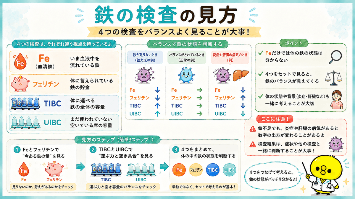 kensa_pisuke's tweet photo. 【鉄不足では、全部の数値が下がるわけじゃない】

代表的な鉄欠乏では、

Fe ↓
フェリチン ↓
TIBC ↑
UIBC ↑

という組み合わせになりやすいんだ。

だけど炎症がある場合は、Feが低くてもフェリチンは正常〜高値になったり、TIBCが低くなることもあるよ。

同じ「Feが低い」という結果でも、体の中で起きていることは同じとは限らない。
だから4つを組み合わせて見ることが大切なんだよ。
