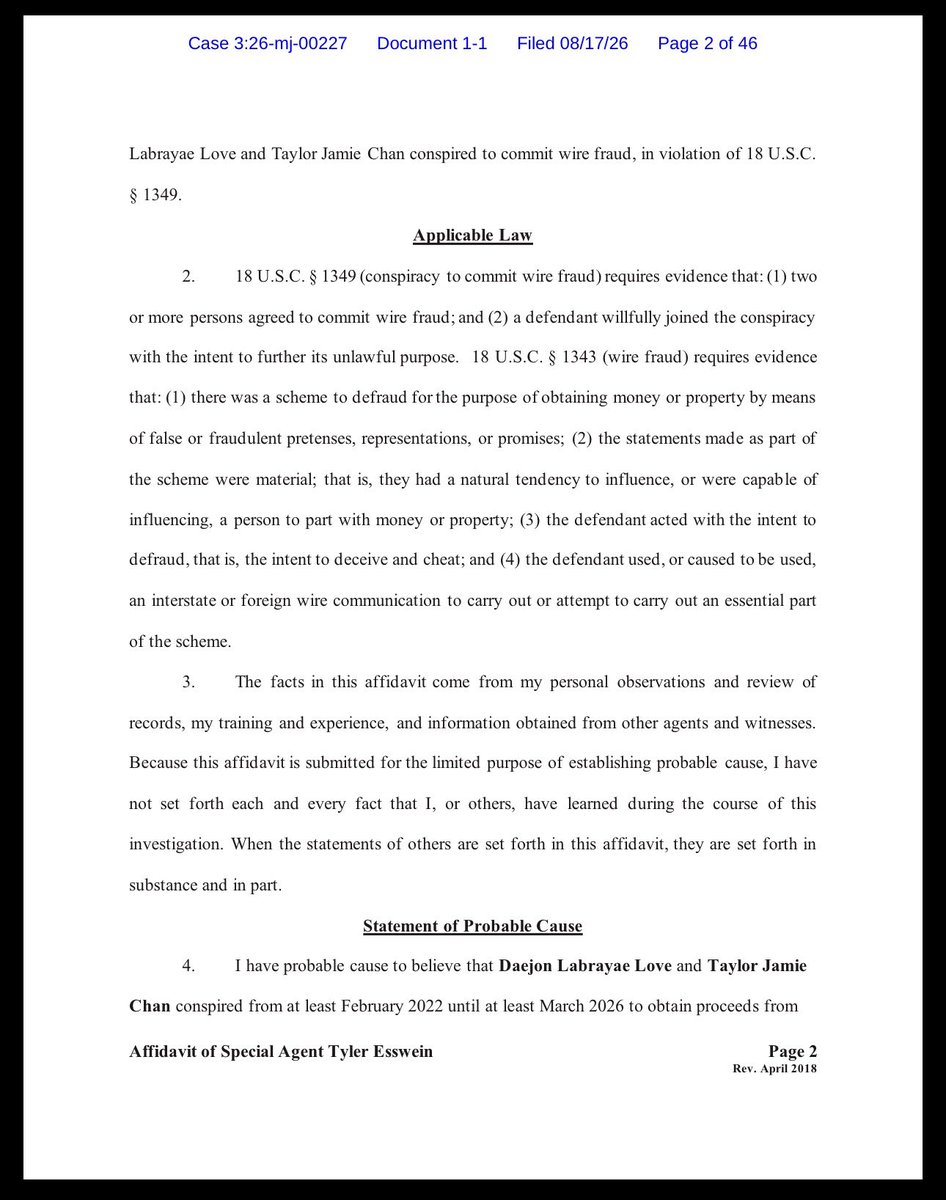 LARPHOF's tweet photo. THE FULL FBI AFFIDAVIT ON FAKE 49ERS PLAYER DAEJON LOVE

47 pages. Public record. Sworn by FBI Special Agent Tyler Esswein, a CPA for 7 years before the bureau. Filed in the District of Oregon against Love and his co-conspirator Taylor Chan.

Conspiracy to commit wire fraud and wire fraud. Feb 2022 to March 2026. 26 women across OR, WA, ID and CA. $1.3 million.

What is inside:

He faked a $30M bank balance using a phone app called Fake Bank Account Pro.

The “investment gains” he showed women were from Pocket Option DEMO mode. Fake money. He showed multiple victims the SAME fake account number.

He bought his followers, likes and views from Useviral and Buzzoid.

The helmet has a receipt. $1,160+ at a custom helmet site. He also bought fake movie money from Prop Money Inc.

He and Chan called the victims “ugly” and “bitches” in their own texts. Chan called him a “vet manipulator” who was “scamming these hoes.”

One woman got a restraining order after he threatened her over $10K in savings.

The FBI traced every dollar. $1,378,423 in. No real income. Zero real investments.

Everything I have posted is in here, sourced. And theres more I have not gotten to.

Posting it page by page. Starting now.