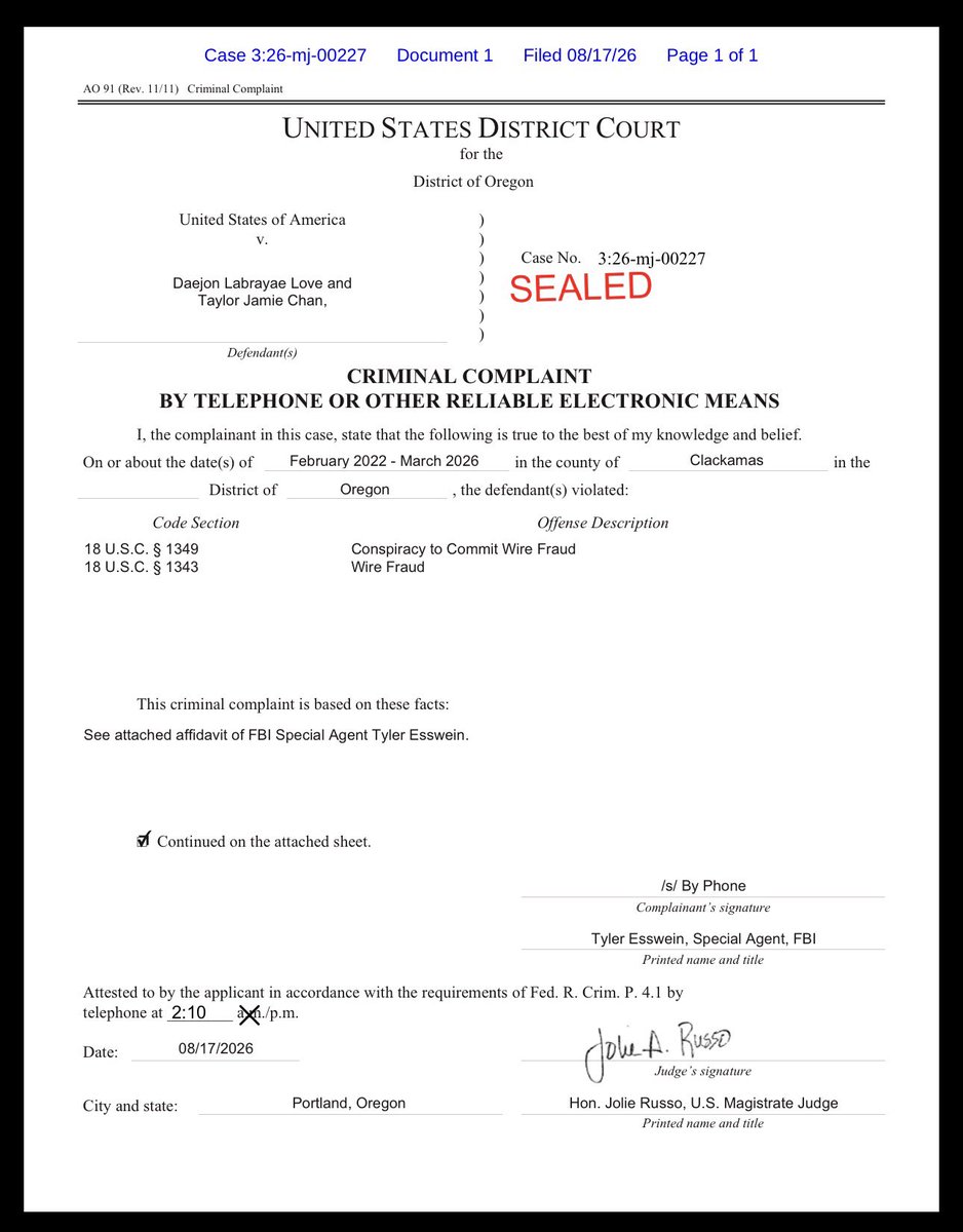 LARPHOF's tweet photo. THE FULL FBI AFFIDAVIT ON FAKE 49ERS PLAYER DAEJON LOVE

47 pages. Public record. Sworn by FBI Special Agent Tyler Esswein, a CPA for 7 years before the bureau. Filed in the District of Oregon against Love and his co-conspirator Taylor Chan.

Conspiracy to commit wire fraud and wire fraud. Feb 2022 to March 2026. 26 women across OR, WA, ID and CA. $1.3 million.

What is inside:

He faked a $30M bank balance using a phone app called Fake Bank Account Pro.

The “investment gains” he showed women were from Pocket Option DEMO mode. Fake money. He showed multiple victims the SAME fake account number.

He bought his followers, likes and views from Useviral and Buzzoid.

The helmet has a receipt. $1,160+ at a custom helmet site. He also bought fake movie money from Prop Money Inc.

He and Chan called the victims “ugly” and “bitches” in their own texts. Chan called him a “vet manipulator” who was “scamming these hoes.”

One woman got a restraining order after he threatened her over $10K in savings.

The FBI traced every dollar. $1,378,423 in. No real income. Zero real investments.

Everything I have posted is in here, sourced. And theres more I have not gotten to.

Posting it page by page. Starting now.