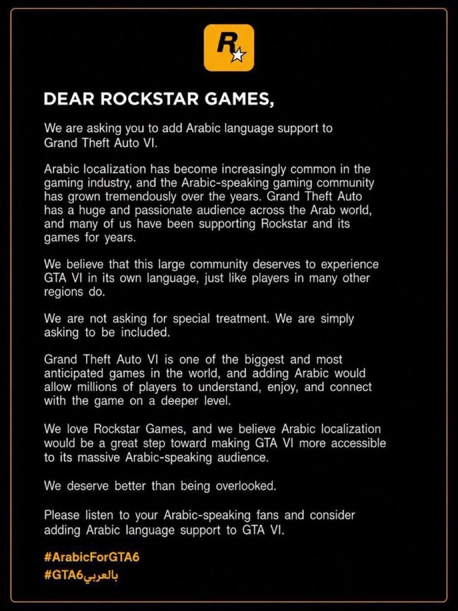 JasonSaudi7's tweet photo. @IGN Add the Arabic language to GTA 6
أضف اللغة العربية 
 #ArabicForGTA6 
 #GTA6بالعربي 

 @RockstarGames  @RockstarSuppo

@IGN rt https://t.co/MRZMB6Fw1d