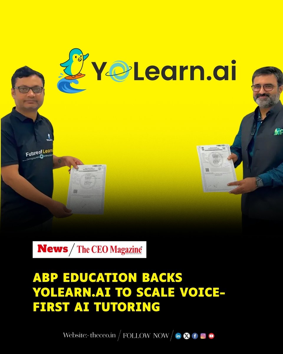 TheCEO_Magazine's tweet photo. ABP Education backs https://t.co/Bq3t60GpbB to scale voice-first AI tutoring across K-12. Its platform supports 22 Indian languages and curriculum-linked learning.
https://t.co/ZL6dn2Ml0Q
#YoLearnAI #EdTech #AI https://t.co/i4J1wLJB5T