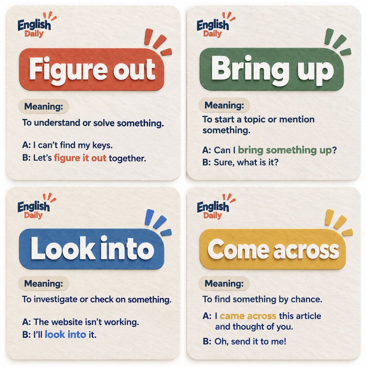 EnglishDaily_io's tweet photo. Level up your everyday English with these 4 useful phrasal verbs 👇 https://t.co/XKgCP1GX7X