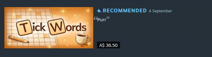 TickWords's tweet photo. Our first Steam curator reccomendation!
A huge thank you to 'The Cat Says' for checking out our game and giving us a "purr"
#indiegame #followfriday https://t.co/kcM3vvhp5c