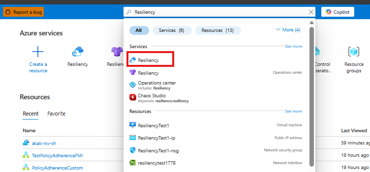 Screenshot that shows where to search for and select Resiliency