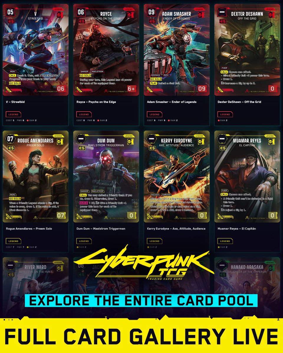 Cyberpunk_TCG's tweet photo. With that epic finale, every card in Welcome to Night City is now revealed!

Take a look at our complete Beta card gallery now, and jump into our deck builder to start creating your very first Cyberpunk TCG decklists 👇🔗 https://t.co/iGLCVEmI2l