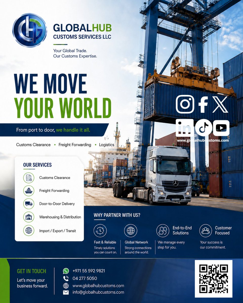 GlobalHubCS's tweet photo. WE MOVE YOUR WORLD.

Customs Clearance ✅
Freight Forwarding ✅
Door-to-Door Delivery ✅
Warehousing ✅
Import / Export / Transit ✅
From port to door, we handle it all.
📲 +971 55 592 9821
🌐 https://t.co/6erMXzVobS
#DubaiLogistics #FreightForwarding #CustomsClearance https://t.co/oZuE71ygAF