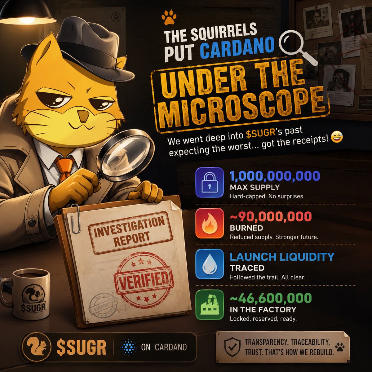 Sugr_on_cardano's tweet photo. 🐿️ The Squirrels went full CSI: Cardano. 🕵️‍♂️🧾

We dug through old $SUGR history expecting skeletons…

Plot twist: we found receipts. 😂

🔒 1B max supply
🔥 ~90M burned
🌊 Launch liquidity traced
🏭 ~46.6M still in the Factory

The chain remembers 👇
https://t.co/NT0QksrH0p https://t.co/UgP6Nehbng